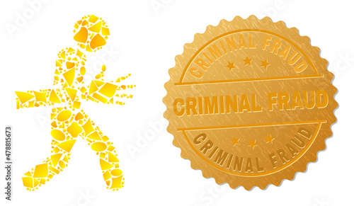 Golden collage of yellow elements for maneken hand robber icon, and golden metallic Criminal Fraud seal. Maneken hand robber icon collage is designed from scattered golden elements.
