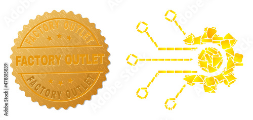 Golden mosaic of yellow fractions for smart gear contacts icon, and golden metallic Factory Outlet seal imitation. Smart gear contacts icon collage is made with scattered golden.