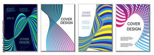 A set of 4 abstract covers. Wavy parallel gradient lines, ribbons evolve. Cover design, background. Trendy banner, poster.