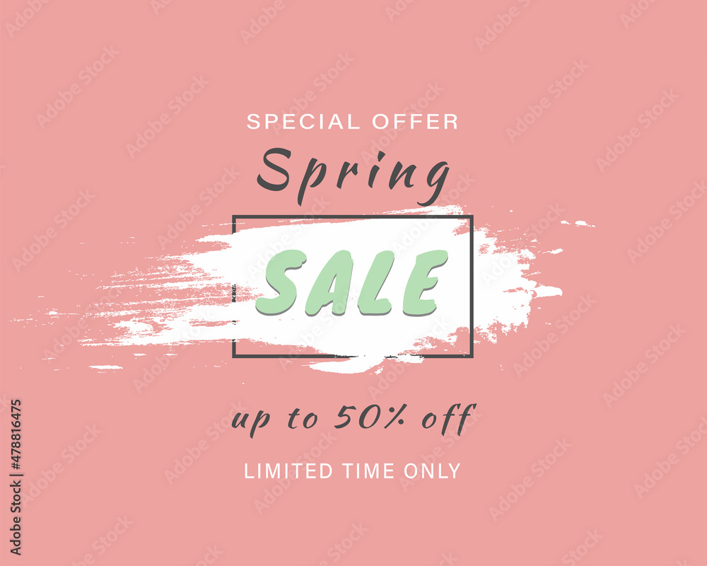 Spring sale banner, flyer. Pink sale vector banner with brush effect, brush line
