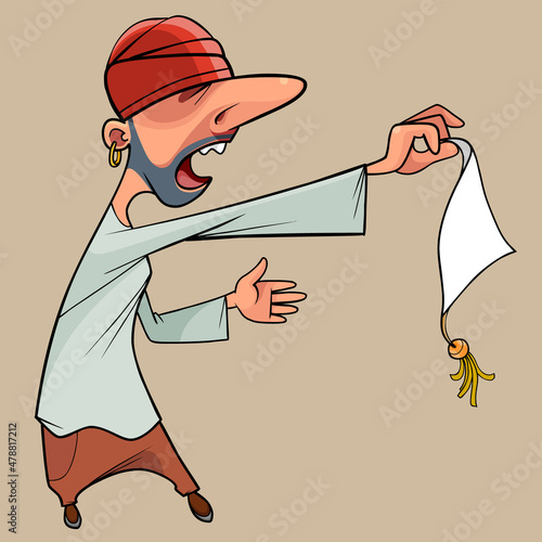 cartoon screaming pirate holding a thing with a decorative brush in his hand