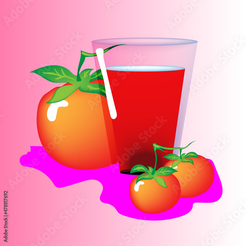 Tomato juice in a glass with tomatoes on a pink background