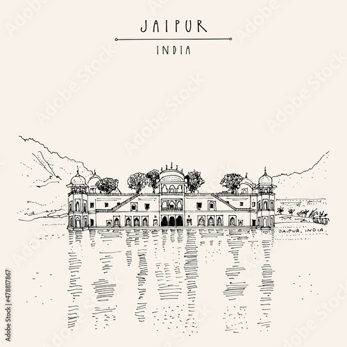 Vector Jaipur, Rajasthan, India postcard. Jal Mahal (Water Palace) built in 1699 on Man Sagar lake. Travel sketch line drawing. Vintage hand drawn touristic postcard, poster, brochure illustration photo