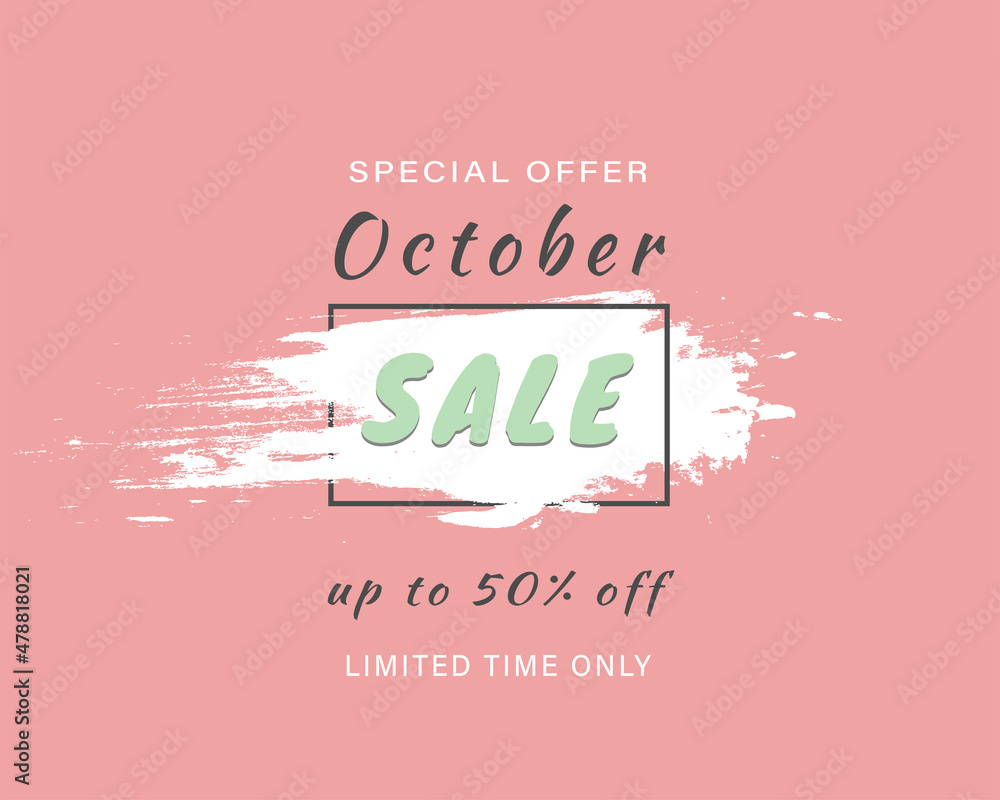 October sale banner, flyer. Pink sale vector banner with brush effect, brush line