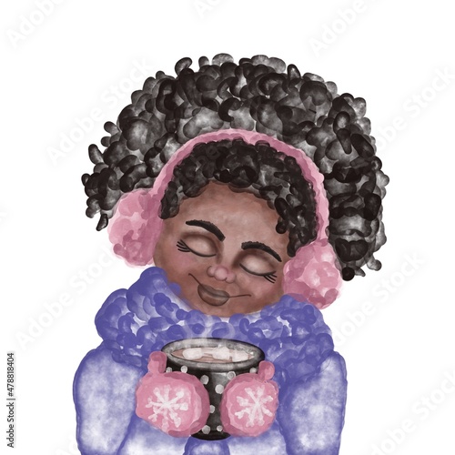 Woman drinking hot cocoa with marshmallows outside in wintertime.