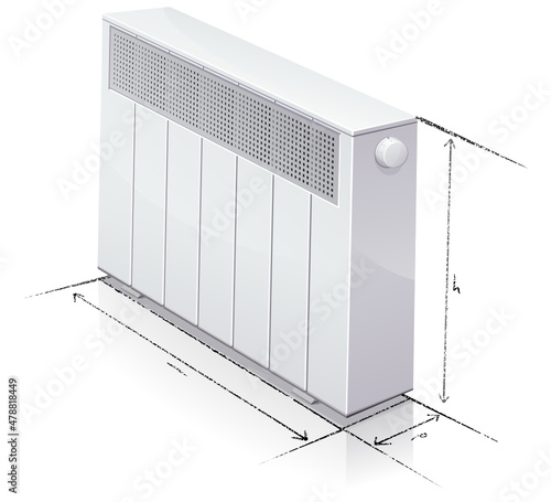 Radiator / air conditioner with pencil outlines showing the dimensions of the device isolated on a white background
