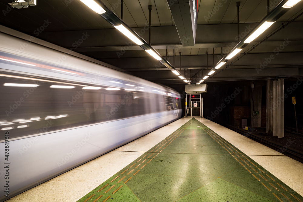 Stockholm, Sweden A tunnelbana subway train in the Liljeholmen station.