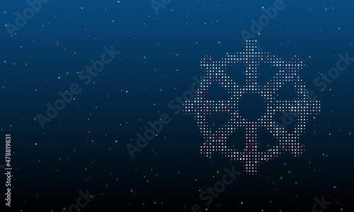 On the right is the wheel symbol filled with white dots. Background pattern from dots and circles of different shades. Vector illustration on blue background with stars
