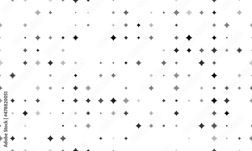 Seamless background pattern of evenly spaced black star symbols of different sizes and opacity. Vector illustration on white background