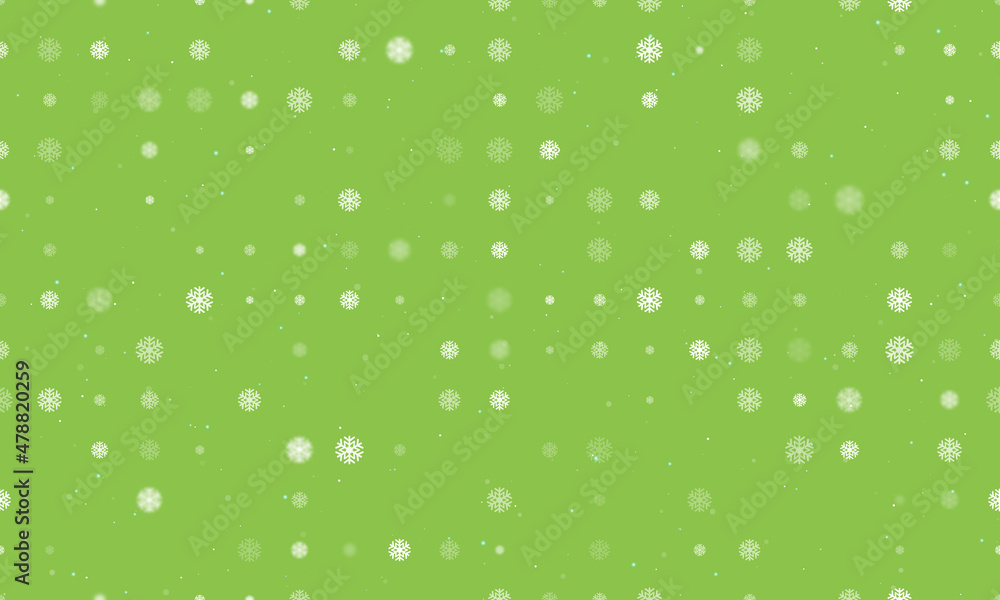 Seamless background pattern of evenly spaced white snowflake symbols of different sizes and opacity. Vector illustration on light green background with stars