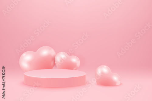 Valentines Day background with pink heart shaped balloons and podium. Holiday banner illustration on pink background © barmaleeva