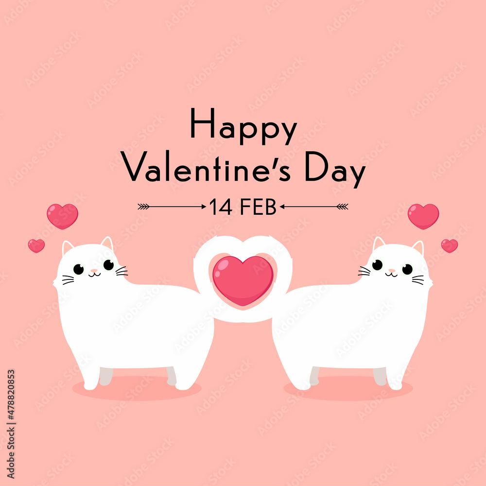 Valentine's poster design. Cat cartoon vector. Cute Couple Cat share with love heart for valentine's Valentine's poster design. Cat cartoon vector. Cute Couple Cat share with love heart for valentine's