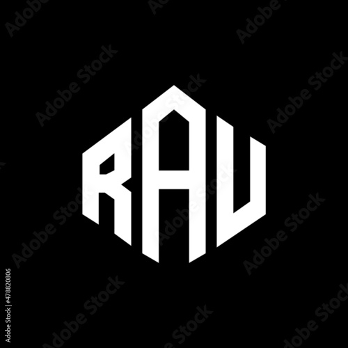 RAU letter logo design with polygon shape. RAU polygon and cube shape logo design. RAU hexagon vector logo template white and black colors. RAU monogram, business and real estate logo.