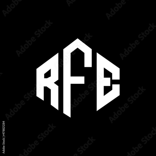 RFE letter logo design with polygon shape. RFE polygon and cube shape logo design. RFE hexagon vector logo template white and black colors. RFE monogram, business and real estate logo. photo