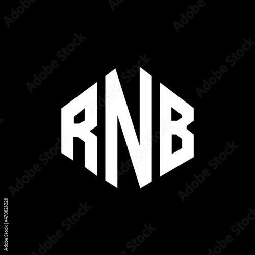 RNB letter logo design with polygon shape. RNB polygon and cube shape logo design. RNB hexagon vector logo template white and black colors. RNB monogram, business and real estate logo.