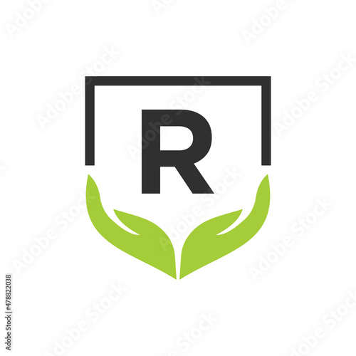 Charity Help Hands Logo On Letter R Concept Template. Care, Sharing, Charity, Medical Health, Donation Organization R Logotype Design