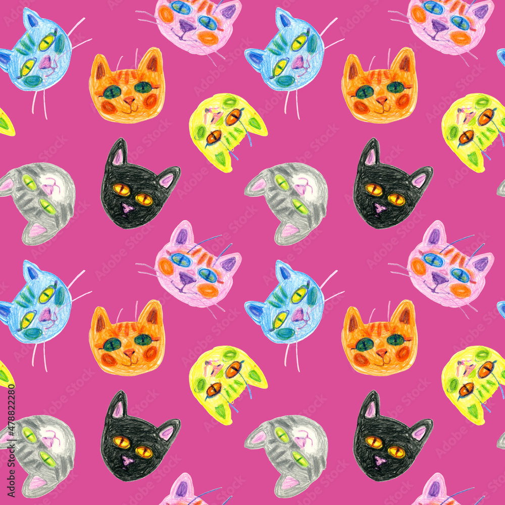 Seamless pattern of multicolored faces of cats drawn with wax crayons on a fuchsia background. For fabric, sketchbook, wallpaper, wrapping paper.