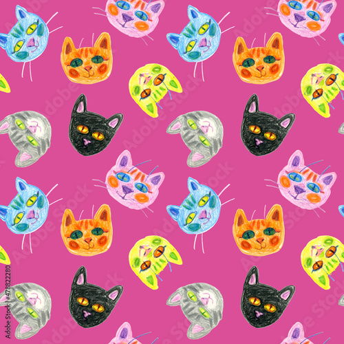 Seamless pattern of multicolored faces of cats drawn with wax crayons on a fuchsia background. For fabric, sketchbook, wallpaper, wrapping paper. © Nataliia