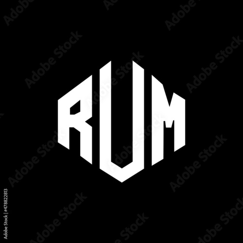 RUM letter logo design with polygon shape. RUM polygon and cube shape logo design. RUM hexagon vector logo template white and black colors. RUM monogram, business and real estate logo.