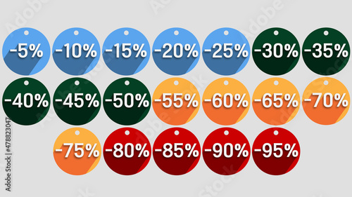 Solde badge des pourcentages de 5% à 95% rond avec ombre vers la gauche en vecteur