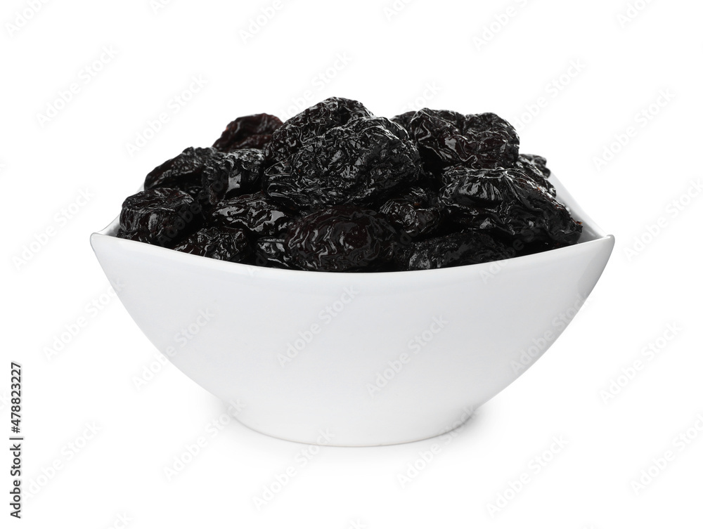 Bowl with sweet dried prunes isolated on white Bowl with sweet dried prunes isolated on white