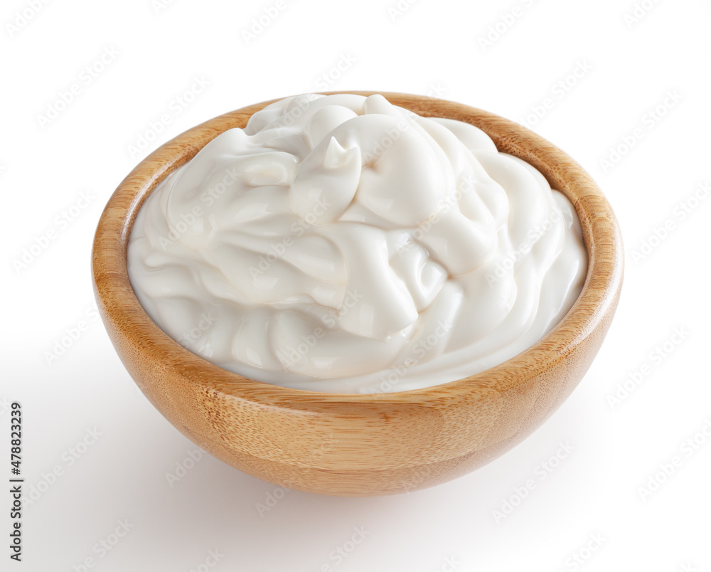 Mayonnaise in wooden bowl isolated on white background with clipping path Mayonnaise in wooden bowl isolated on white background with clipping path