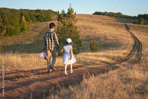 Children walk through a meadow on a country road. The older brother holds his sister's hand. Copy space.