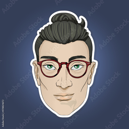 The sticker. Portraits of stylish hipster men. Vector illustration. With fashionable hairstyles and glasses.