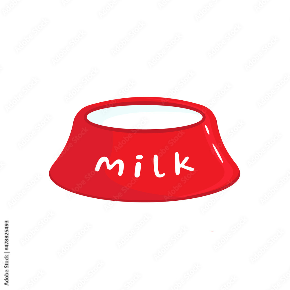 Red Cat Bowl full Milk Cartoon Style Vector Illustration on White Background