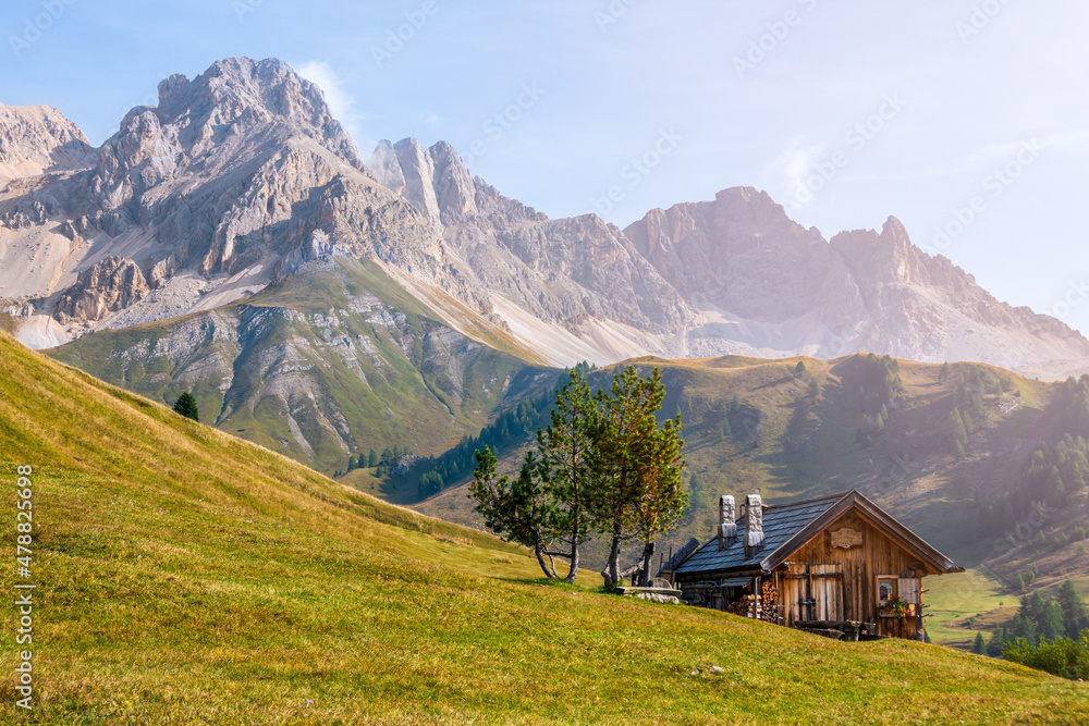 Fototapeta premium Alpine landscape walking from Passo San Pellegrino to Fuciade refuge in a late summer sunny day. Italian Dolomite Alps, Trentino