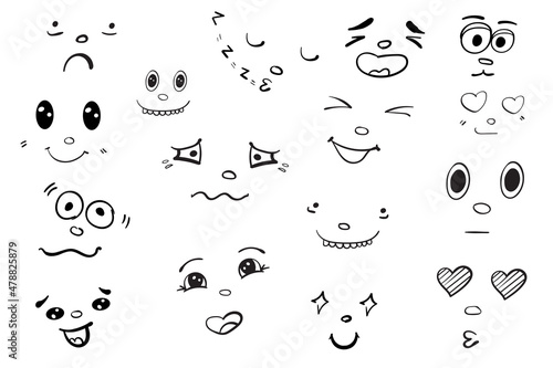 Funny faces with facial expressions of love, annoyance, surprise, joy, etc. Bundle collection in hand drawn cartoon style