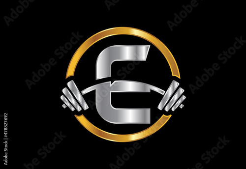 Initial E monogram alphabet with a barbell. Lifting vector logo design. Vector logo for bodybuilding