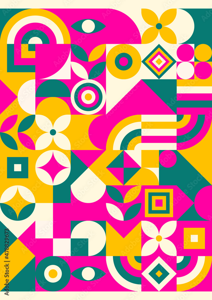 Poster style Bauhaus. Modern geometric pattern design pink, green, yellow and white color