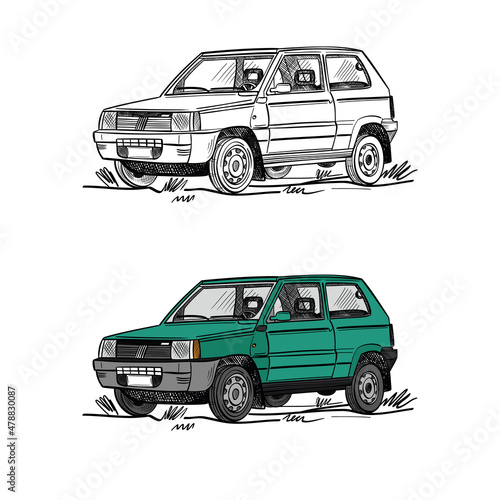 Italian panda small car vector outline illustration