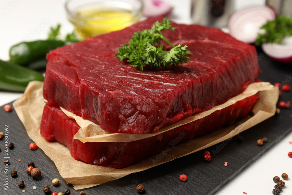 Concept of cooking with raw steak, close up