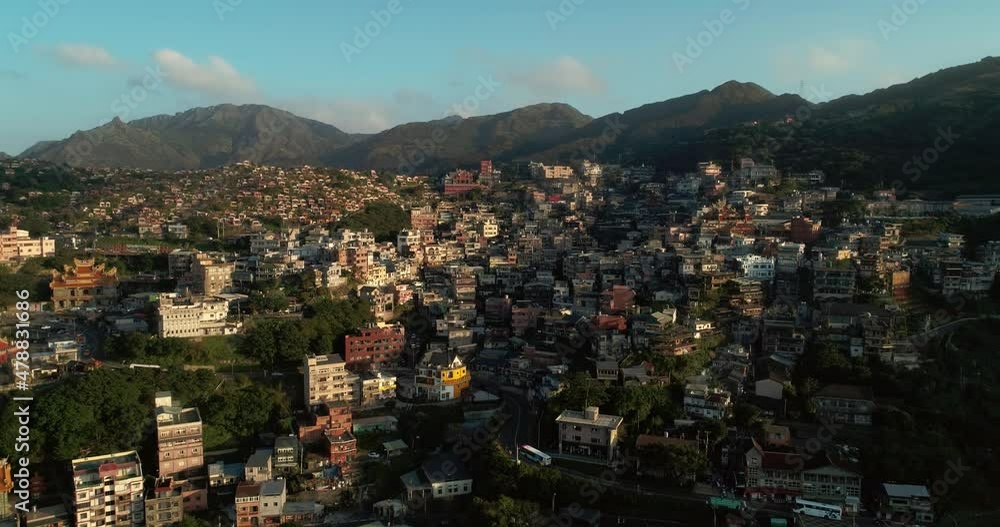 Aerial view of JIUFEN village (also spelled Jioufen or Chiufen) at night. Located at seaside mountain area in Ruifang District, New Taipei City. Aerial view of JIUFEN village (also spelled Jioufen or Chiufen) at night. Located at seaside mountain area in Ruifang District, New Taipei City.