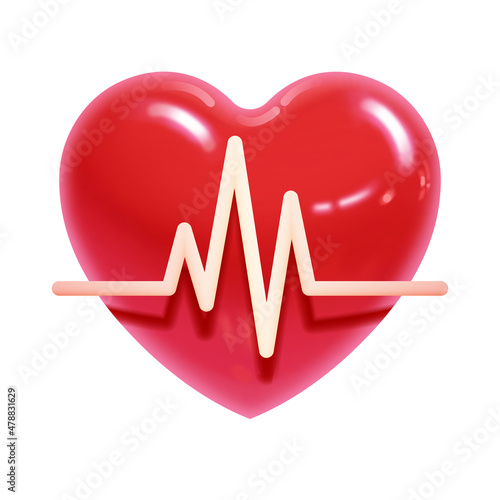 Realistic volumetric drawing of a heart with a cardiogram on a white background for printing and decorating postcards, sites. Vector illustration.