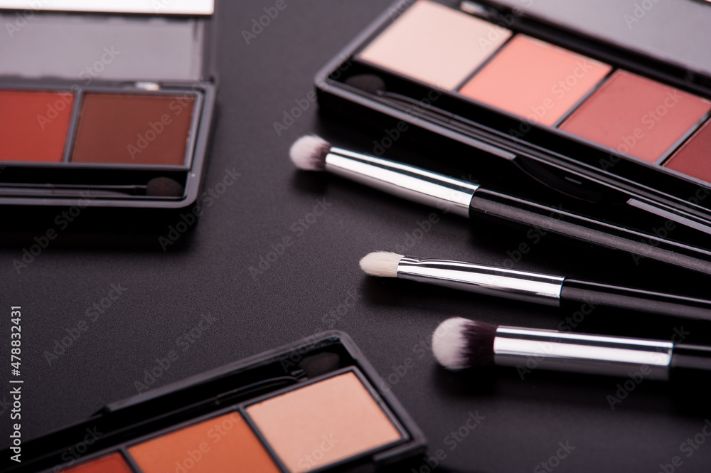 Cosmetic palette with brushes lies on a black background
Cosmetic palette with brushes lies on a black background