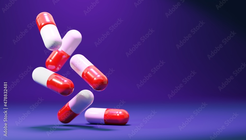 A group of antibiotic pill capsules falling. Healthcare and medical 3D illustration background. Medicine concept. Copy of space. A group of antibiotic pill capsules falling. Healthcare and medical 3D illustration background. Medicine concept. Copy of space.