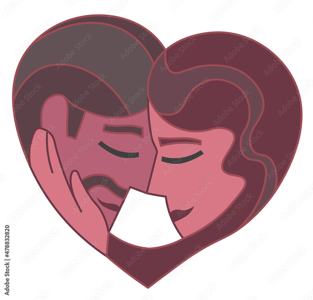 Vector drawing of two heads of loving dark-skinned man and woman standing close with touching foreheads forming heart shape. Romantic cartoon illustration for Valentine's Day, engagement, wedding. Vector drawing of two heads of loving dark-skinned man and woman standing close with touching foreheads forming heart shape. Romantic cartoon illustration for Valentine's Day, engagement, wedding.