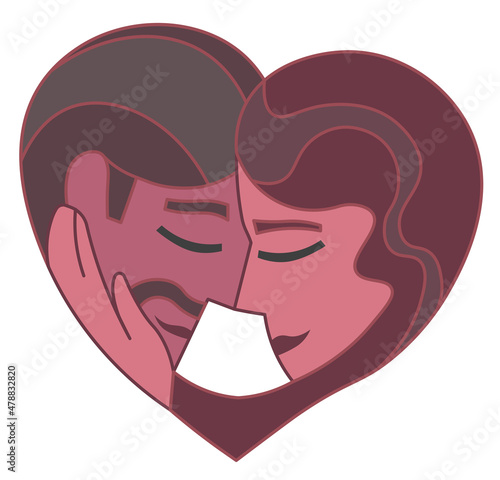 Vector drawing of two heads of loving dark-skinned man and woman standing close with touching foreheads forming heart shape. Romantic cartoon illustration for Valentine's Day, engagement, wedding.