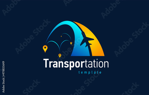 Airplane logotype transportation plane. Point place of arrival. Blue color