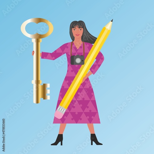 Find the golden key to write. Woman with Key to success in gold, pencil and camera. Vector illustration.
