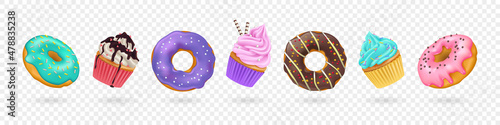 Set of realistic donuts and cupcakes with splashes, cream and icing isolated on transparent background. 3d vector illustration
