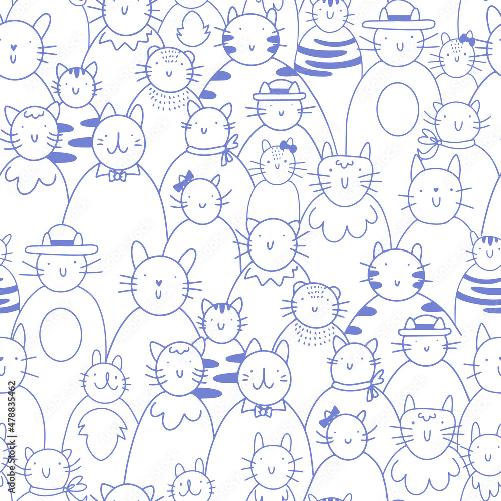 Hand drawn seamless pattern with different doodle cats in linear style