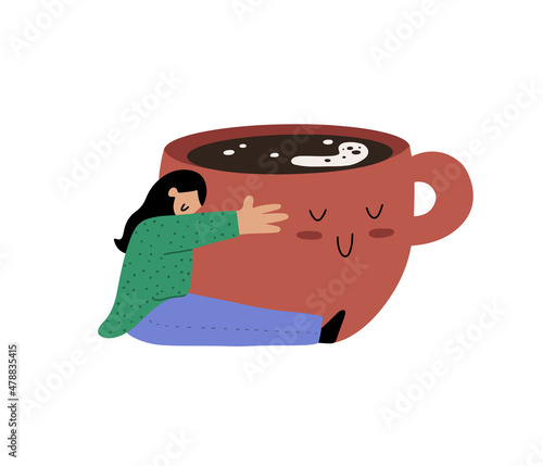 Girl hugging big cute cup of coffee, concept of loving espresso, isolated vector illustration