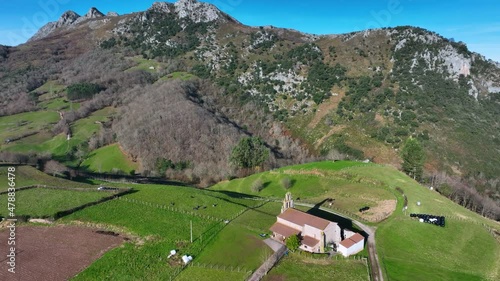 Aerial view of the Tower of Rubin de Celis and the church of San Facundo in the Town of Obeso in the Municipality of Rionansa. Cantabria, Spain, Europe photo