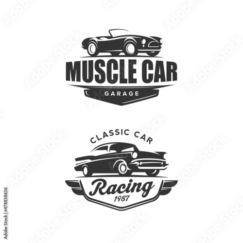 Set of classic muscle car logo, emblems, badges. Service car repair, restoration and club. Vector illustration.