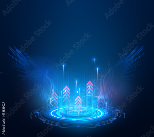 Magic hologram rings in smoke. Circle Sci-fi elements with light and lights. Blue  teleport podium blank holograms for show your product. Abstract technology communication design innovation background