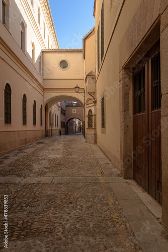 View of a narrow street with stone buildings in the old town of Plasencia at dawn, Caceres, Extremadura, Spain